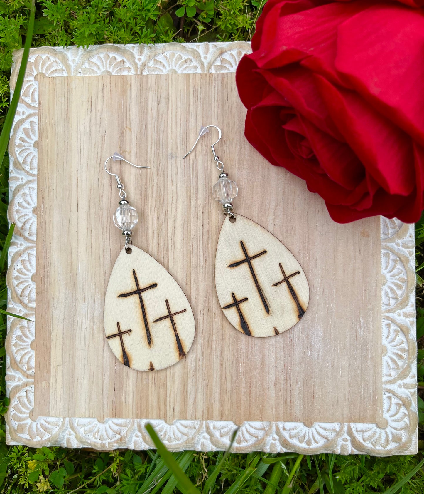 Woodburnt Cross Earrings